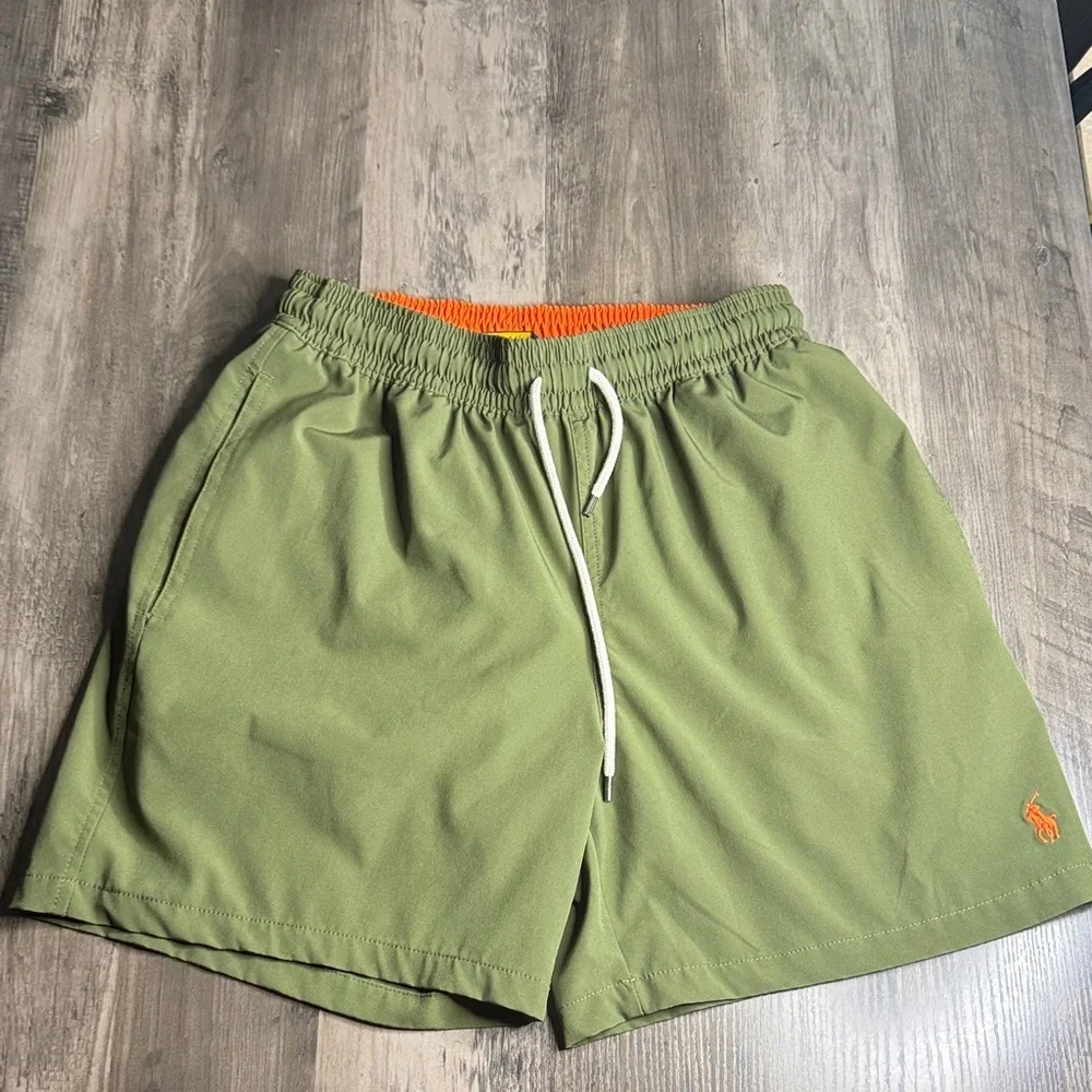 Polo by Ralph Lauren Olive Green Swim Shorts with Orange Accent
